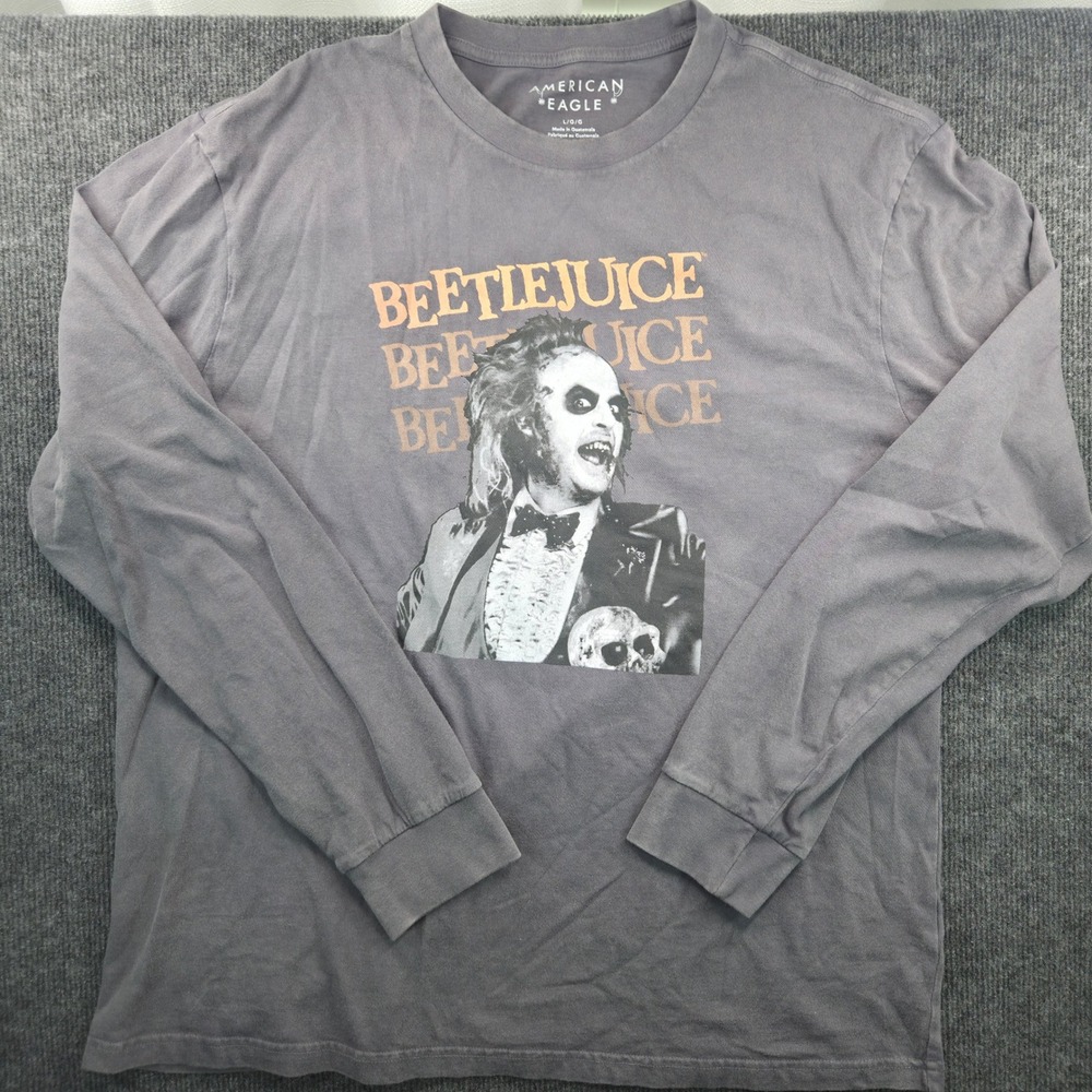 American Eagle Beetlejuice Long Sleeve Graphic Tee Grey Mens Large Movie Shirt